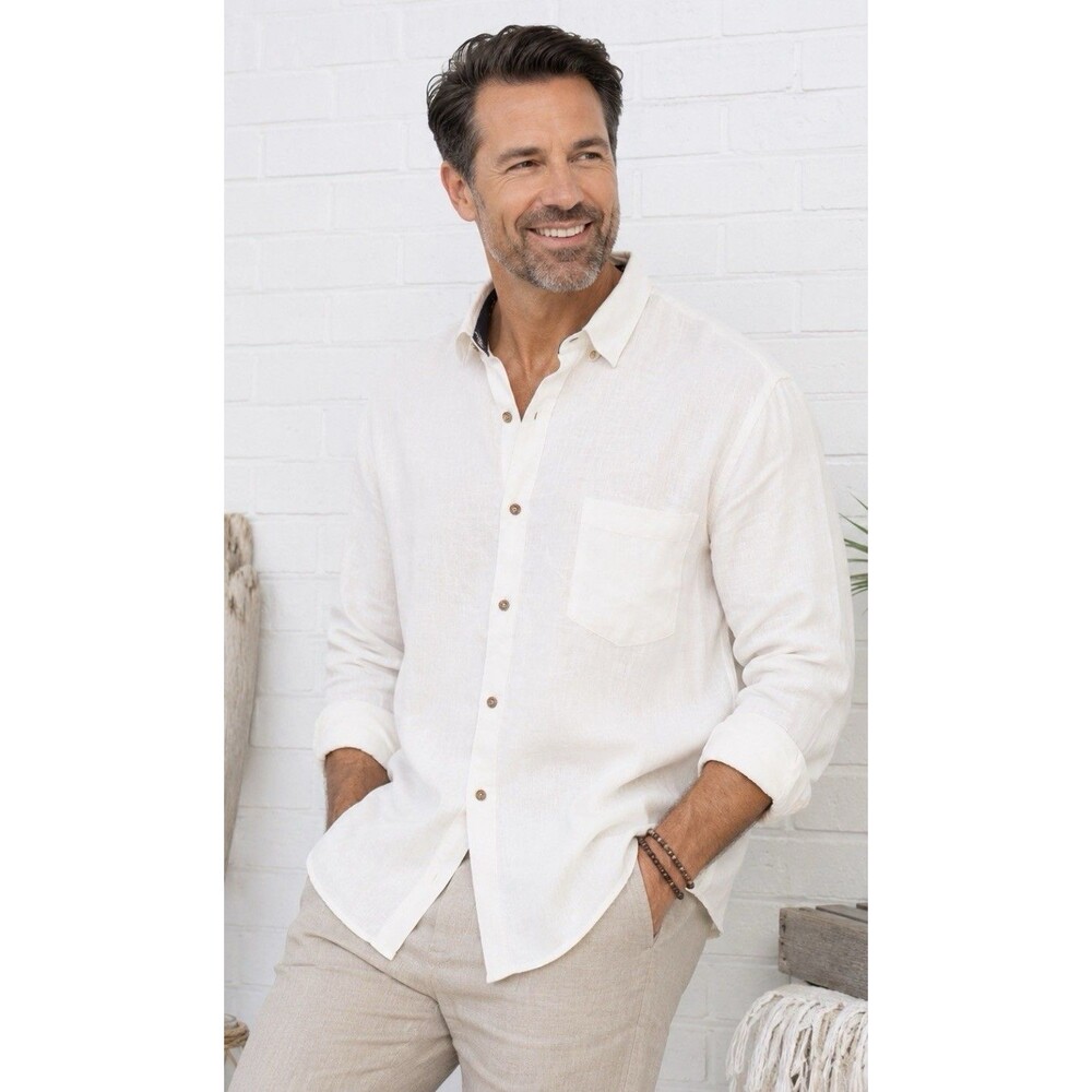 Tailor Vintage Mens XXXL White Green 100% Linen Button Down Shirt Long Sleeve